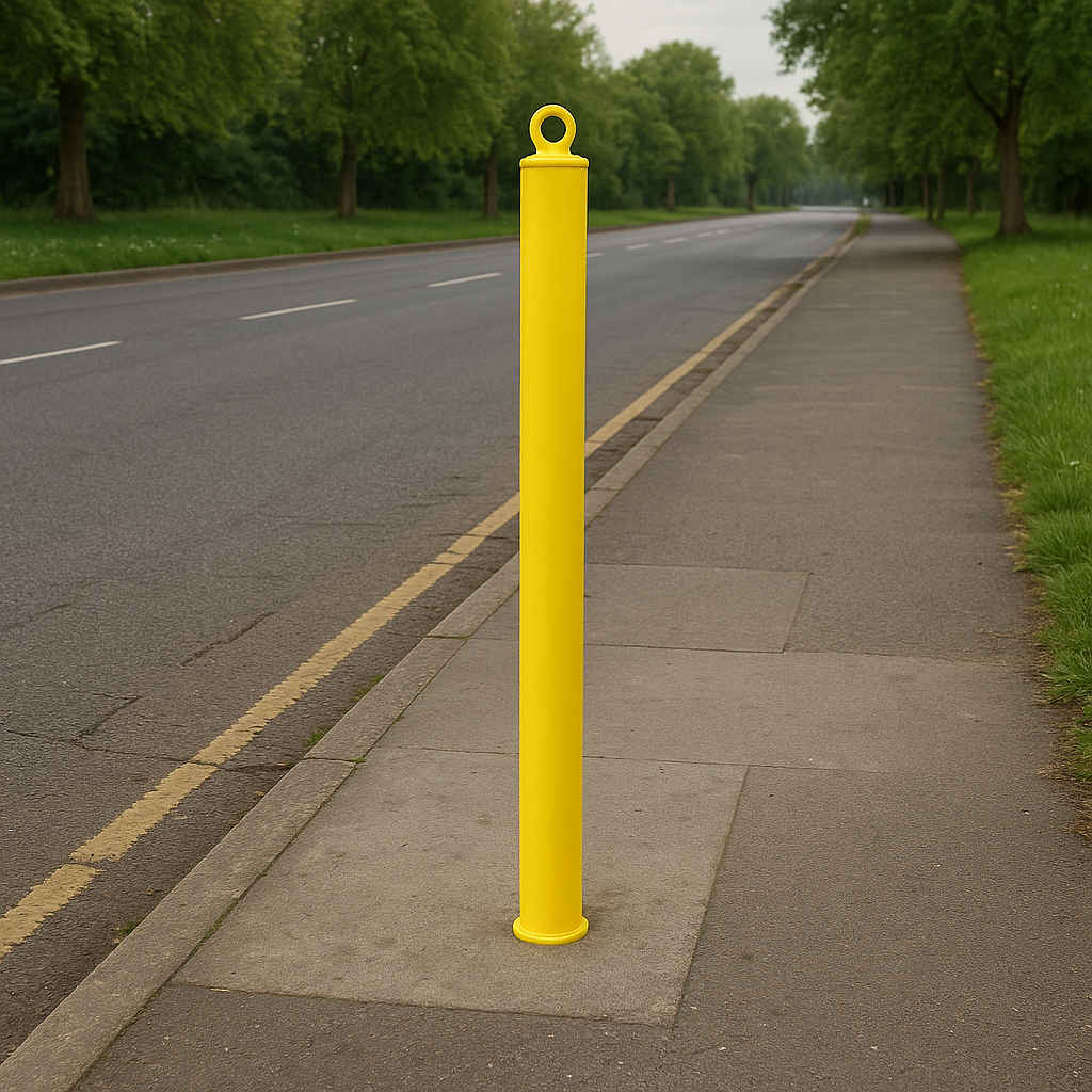 76mm Heavy-Duty Yellow Steel Bollard with Eyelet – Removable High-Visibility Security Post