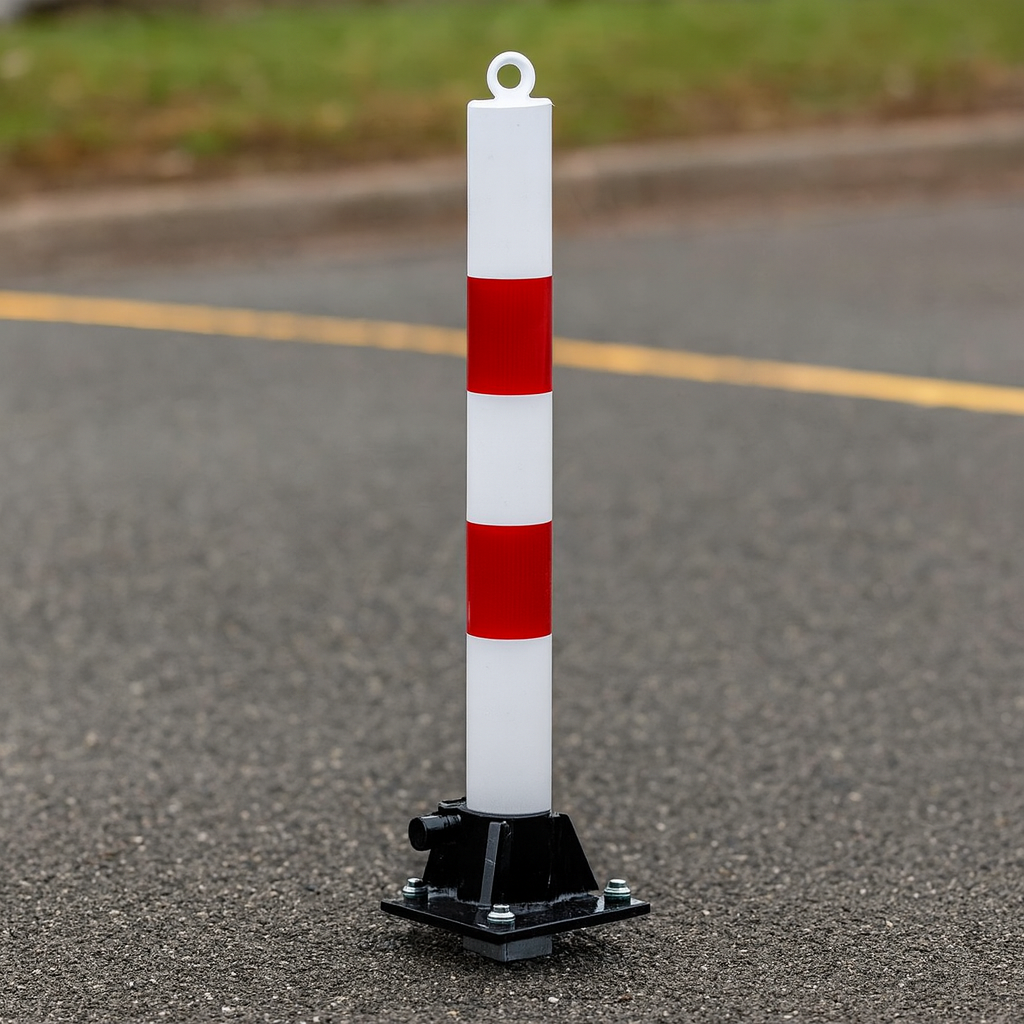 White & Red Fold Down Parking Post with Ground Spigot, Integral Lock & Eyelet