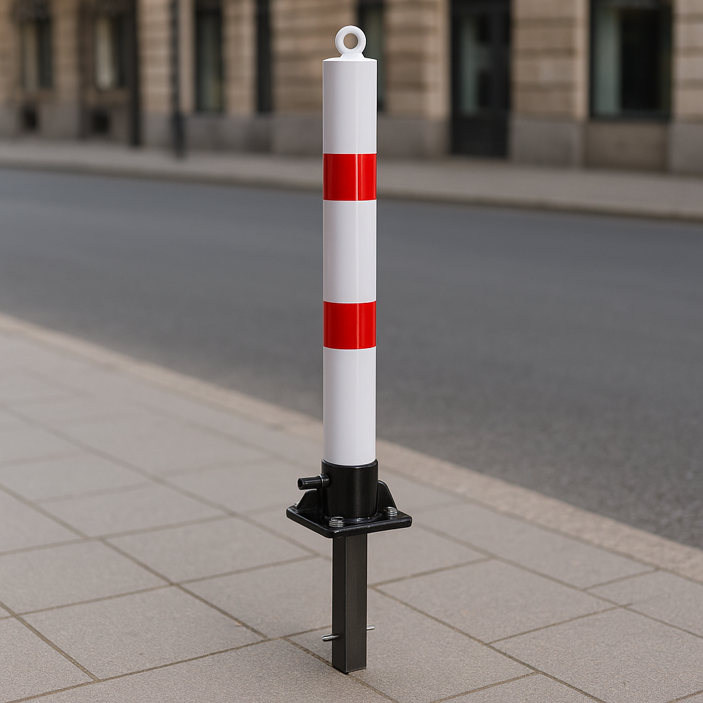 White & Red Fold Down Parking Post with Ground Spigot, Integral Lock & Eyelet