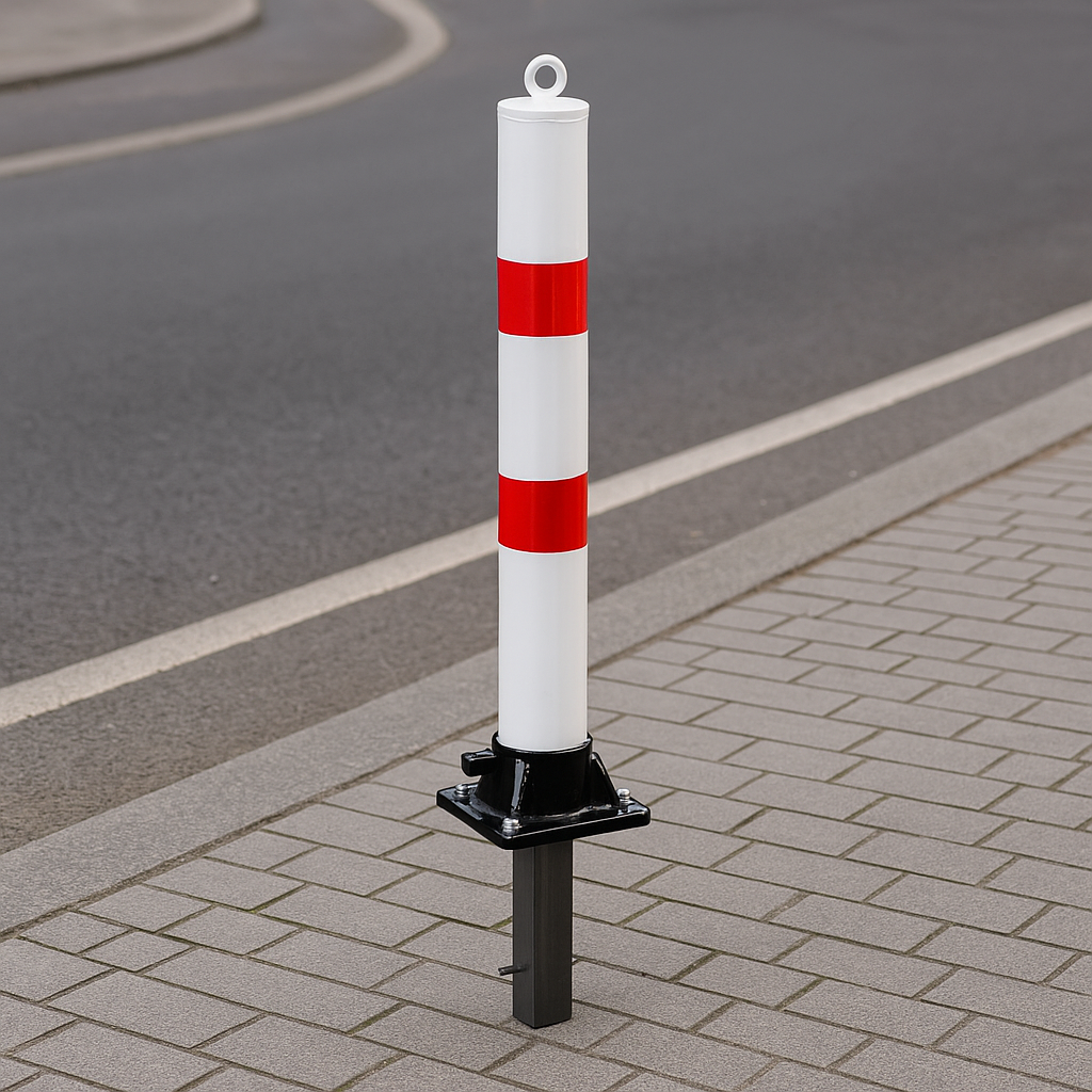 White & Red Fold Down Parking Post with Ground Spigot, Integral Lock & Eyelet