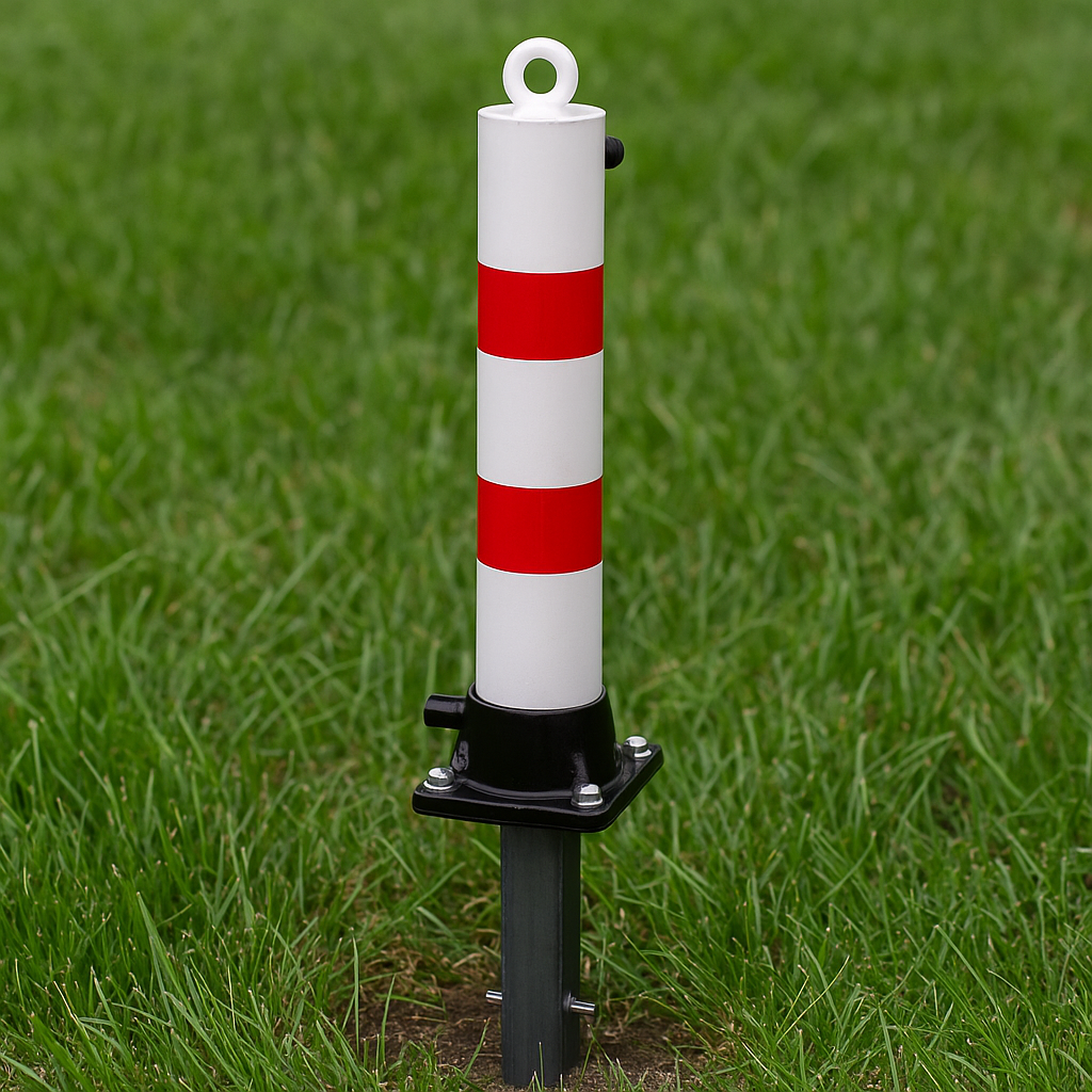 White & Red Fold Down Parking Post with Ground Spigot, Integral Lock & Eyelet