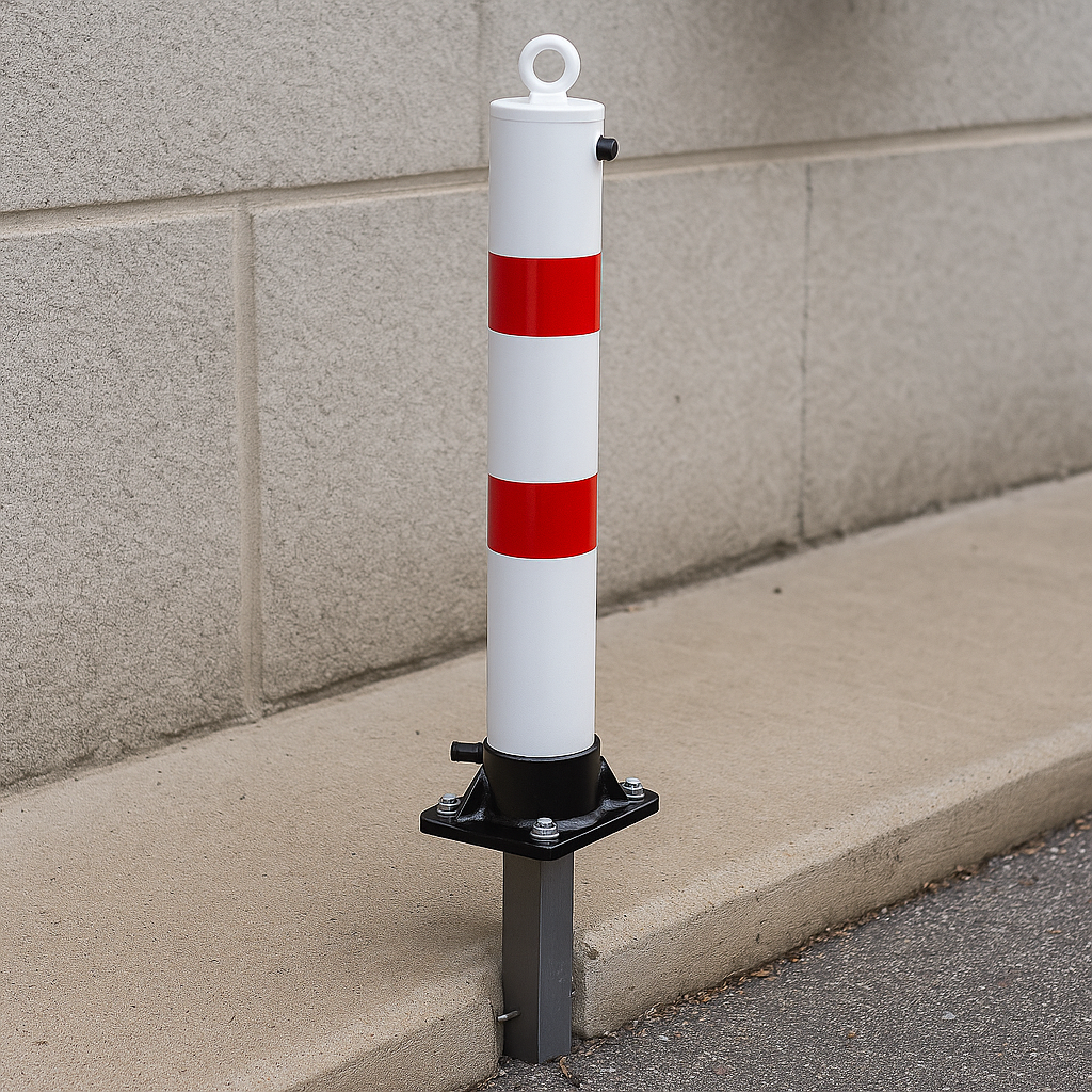 White & Red Fold Down Parking Post with Ground Spigot, Integral Lock & Eyelet