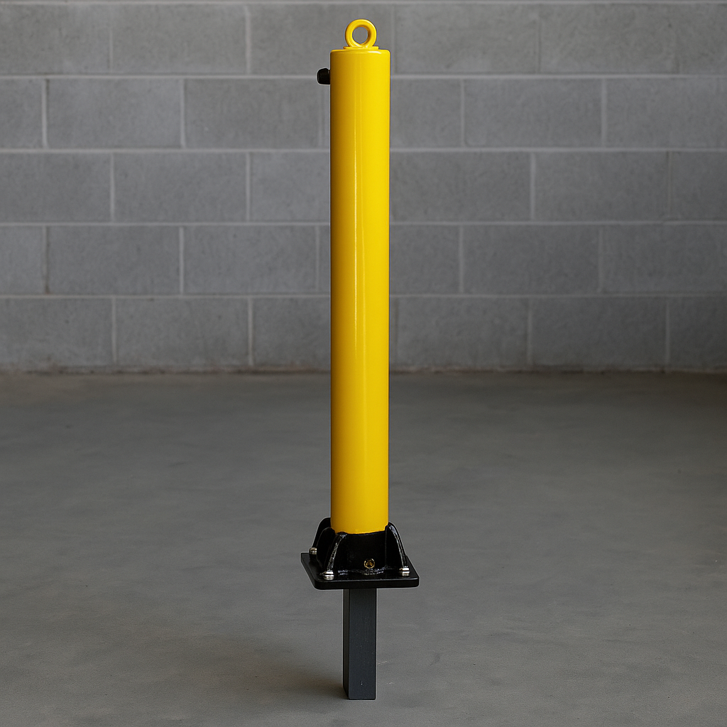 Yellow Fold Down Parking Post with Ground Spigot, Integral Lock & Eyelet