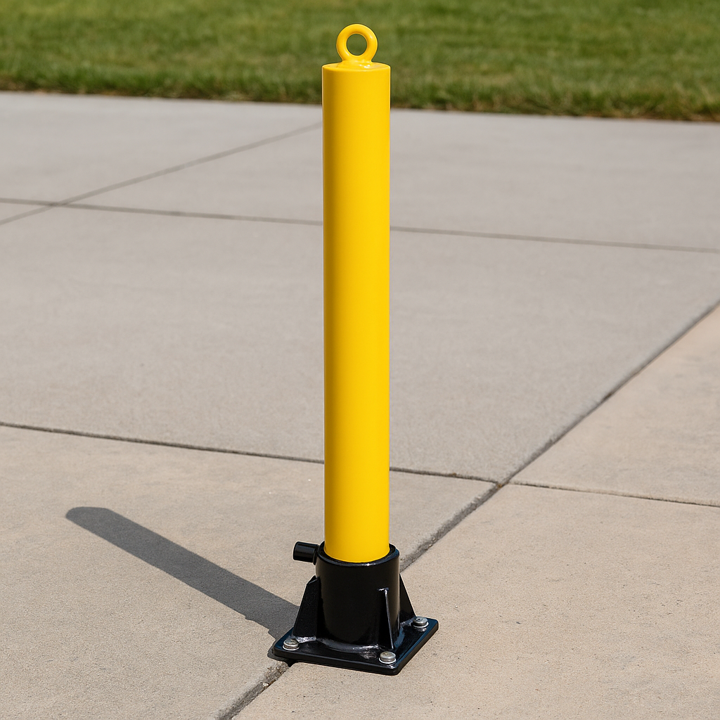 Yellow Fold Down Parking Post with Ground Spigot, Integral Lock & Eyelet
