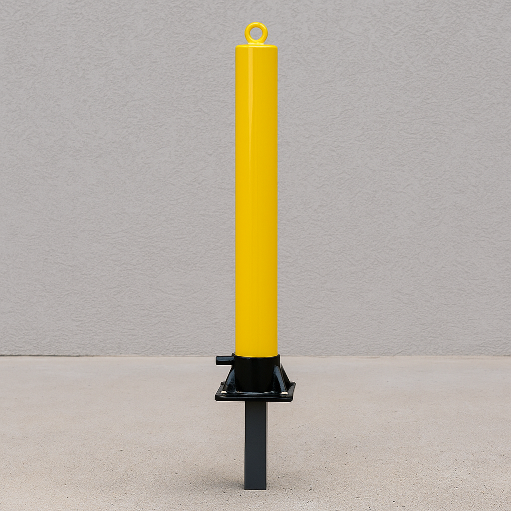 Yellow Fold Down Parking Post with Ground Spigot, Integral Lock & Eyelet