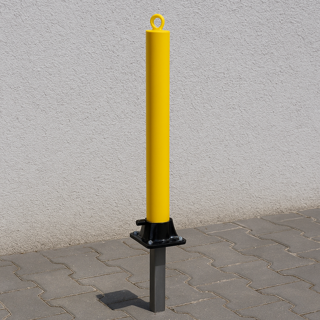 Yellow Fold Down Parking Post with Ground Spigot, Integral Lock & Eyelet
