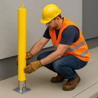 76mm Removable Yellow Security Bollard with Chain Eyelets & ‘No Parking’ Logo – Heavy-Duty Steel Post for Driveways & Commercial Use