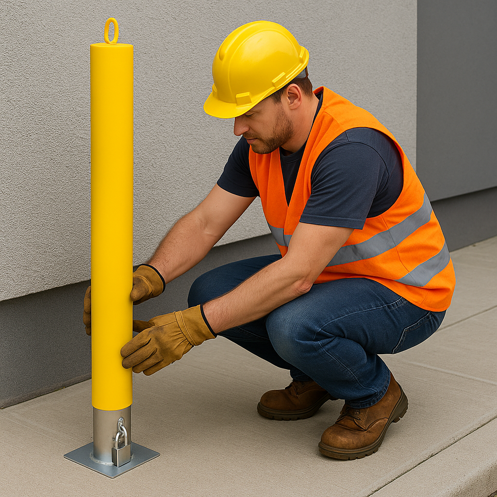 76mm Removable Yellow Security Bollard with Chain Eyelets & ‘No Parking’ Logo – Heavy-Duty Steel Post for Driveways & Commercial Use