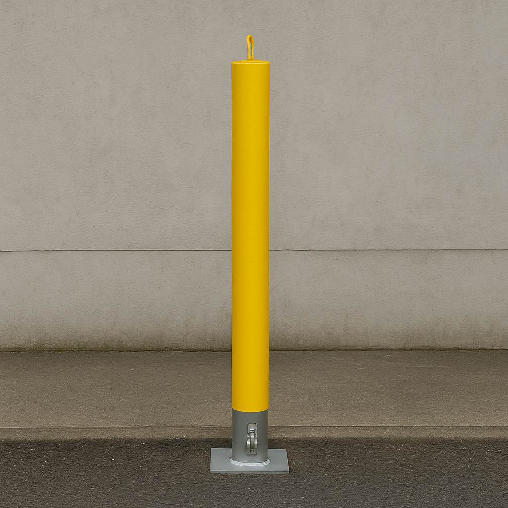 76mm Removable Yellow Security Bollard with Chain Eyelets & ‘No Parking’ Logo – Heavy-Duty Steel Post for Driveways & Commercial Use