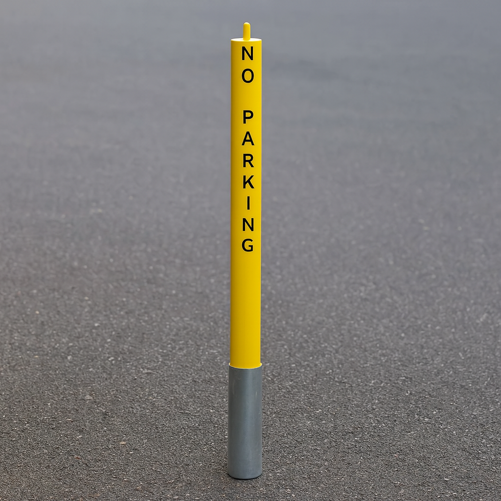 76mm Removable Yellow Security Bollard with Chain Eyelets & ‘No Parking’ Logo – Heavy-Duty Steel Post for Driveways & Commercial Use