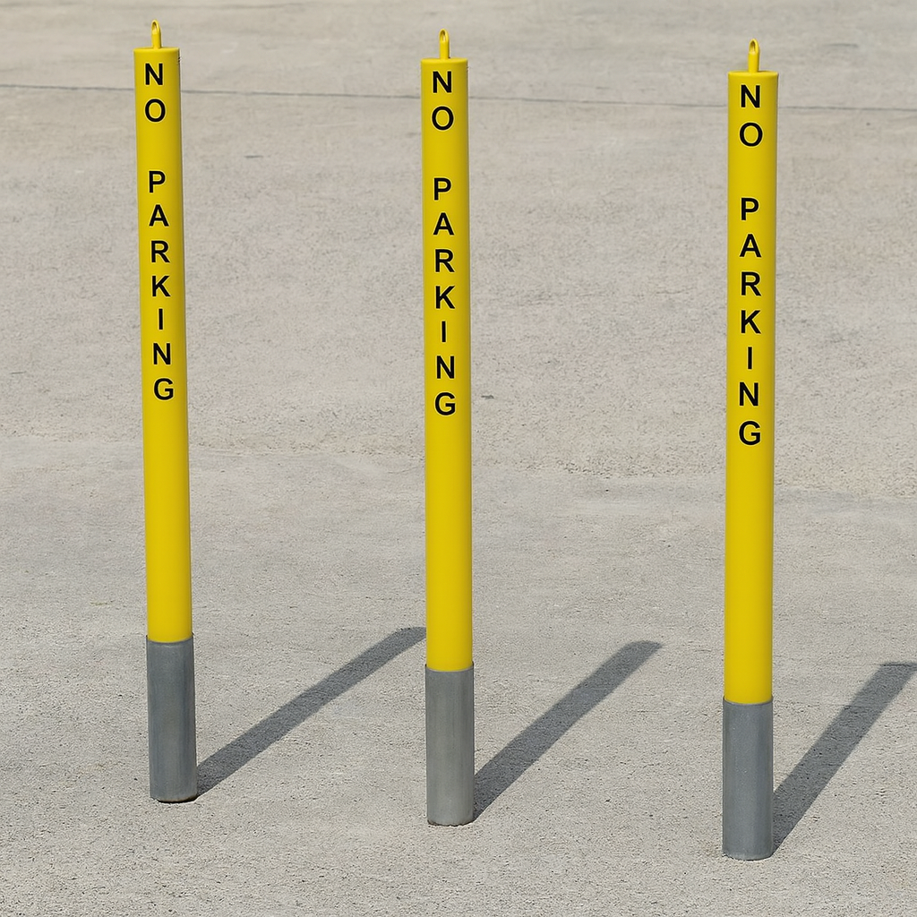 76mm Removable Yellow Security Bollard with Chain Eyelets & ‘No Parking’ Logo – Heavy-Duty Steel Post for Driveways & Commercial Use